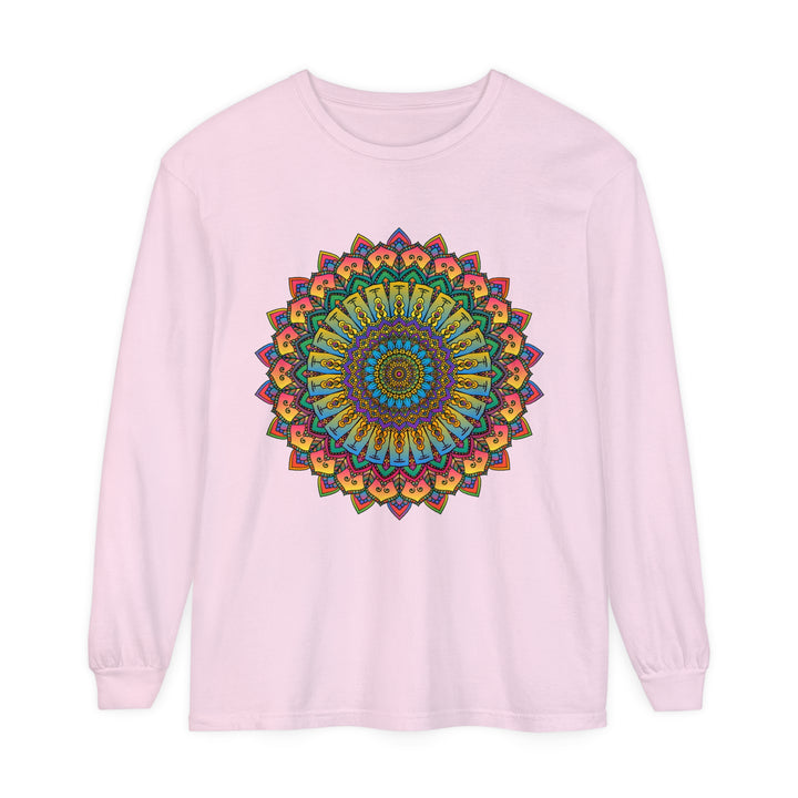 Intricate Mandala Unisex Long Sleeve T-Shirt, featuring a detailed and colorful mandala design on a comfortable long-sleeve shirt