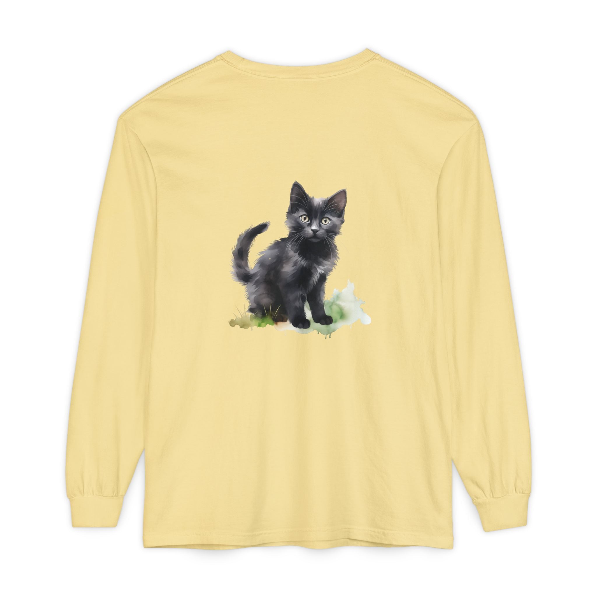Maglietta a maniche lunghe con gatto nero e acquerello
