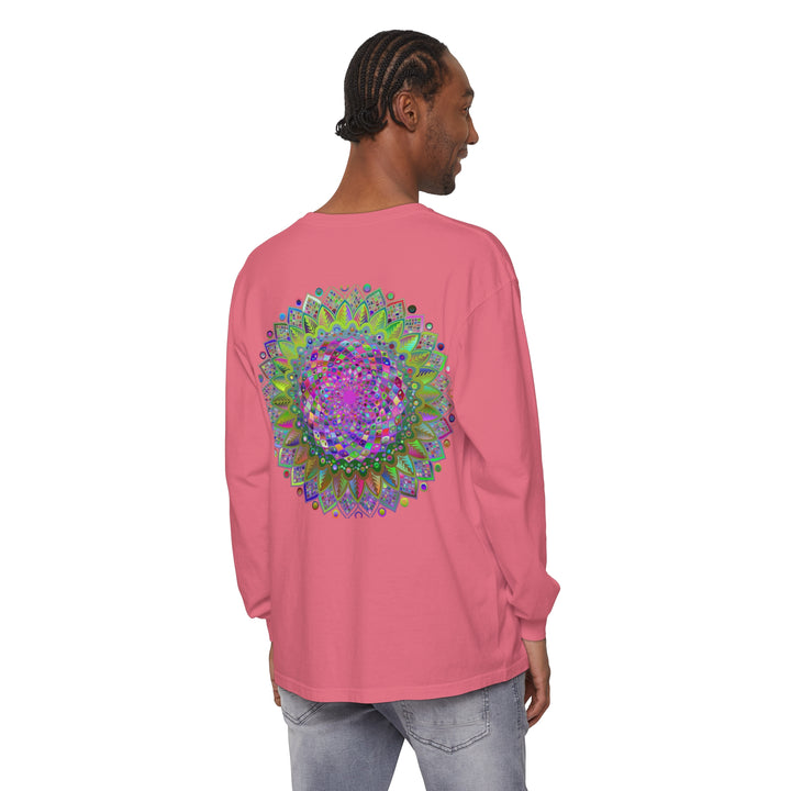 Vibrant Mandala Unisex Long Sleeve T-Shirt featuring intricate multicolored mandala design