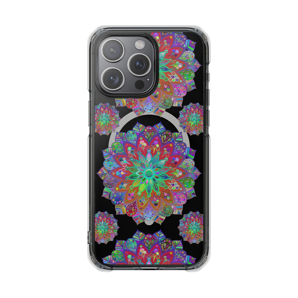 Black impact-resistant iPhone case with a beautiful mandala design for iPhone 14/15