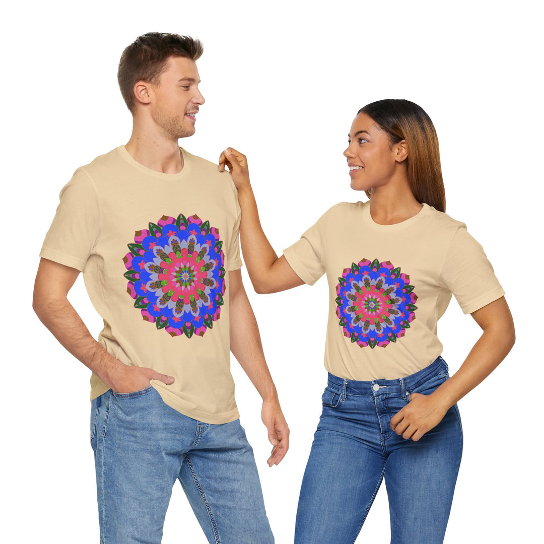 Vibrant and intricate mandala geometric design on a colorful t-shirt