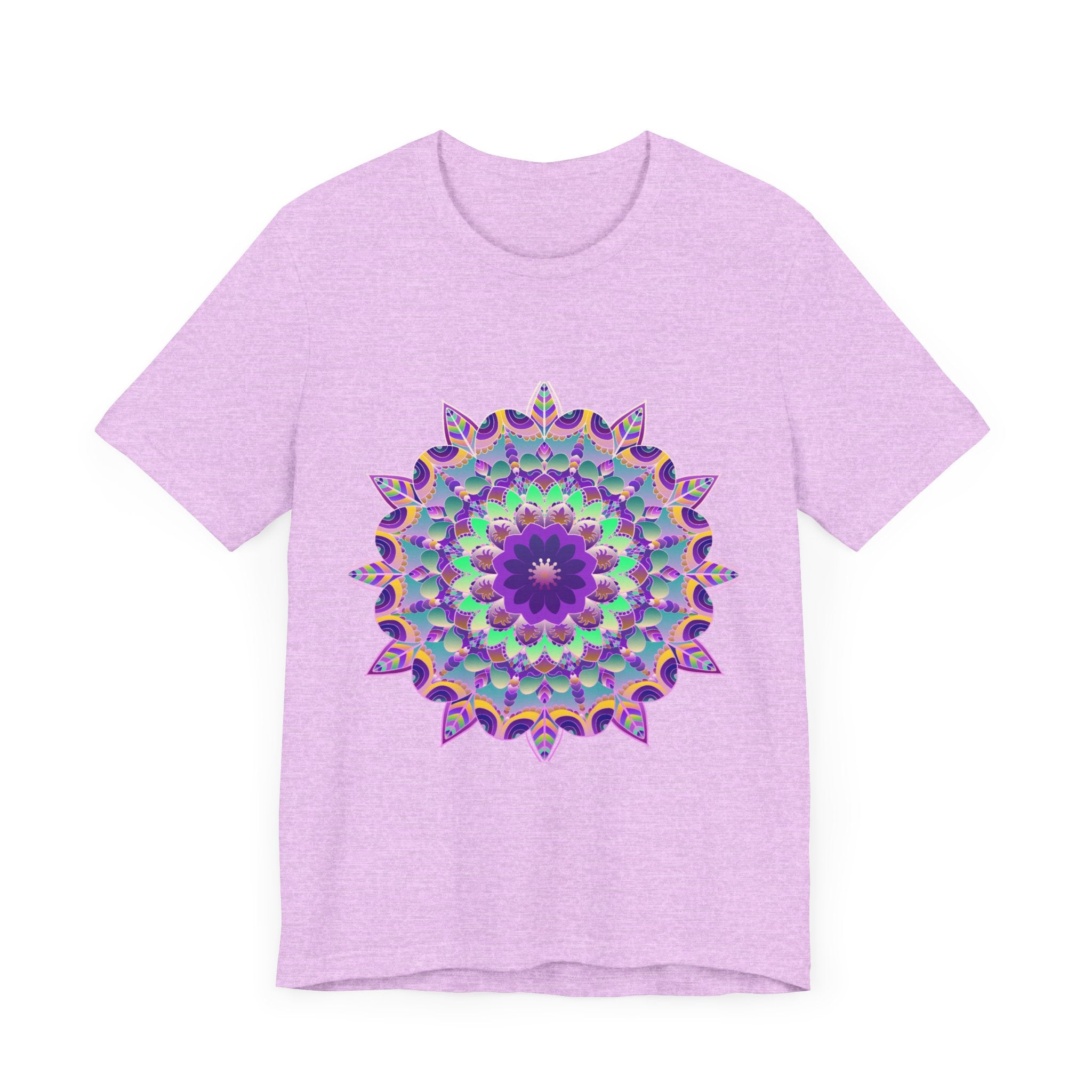 Vibrant purple mandala design t-shirt featuring psychedelic patterns and intricate details