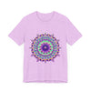 Vibrant purple mandala design t-shirt featuring psychedelic patterns and intricate details