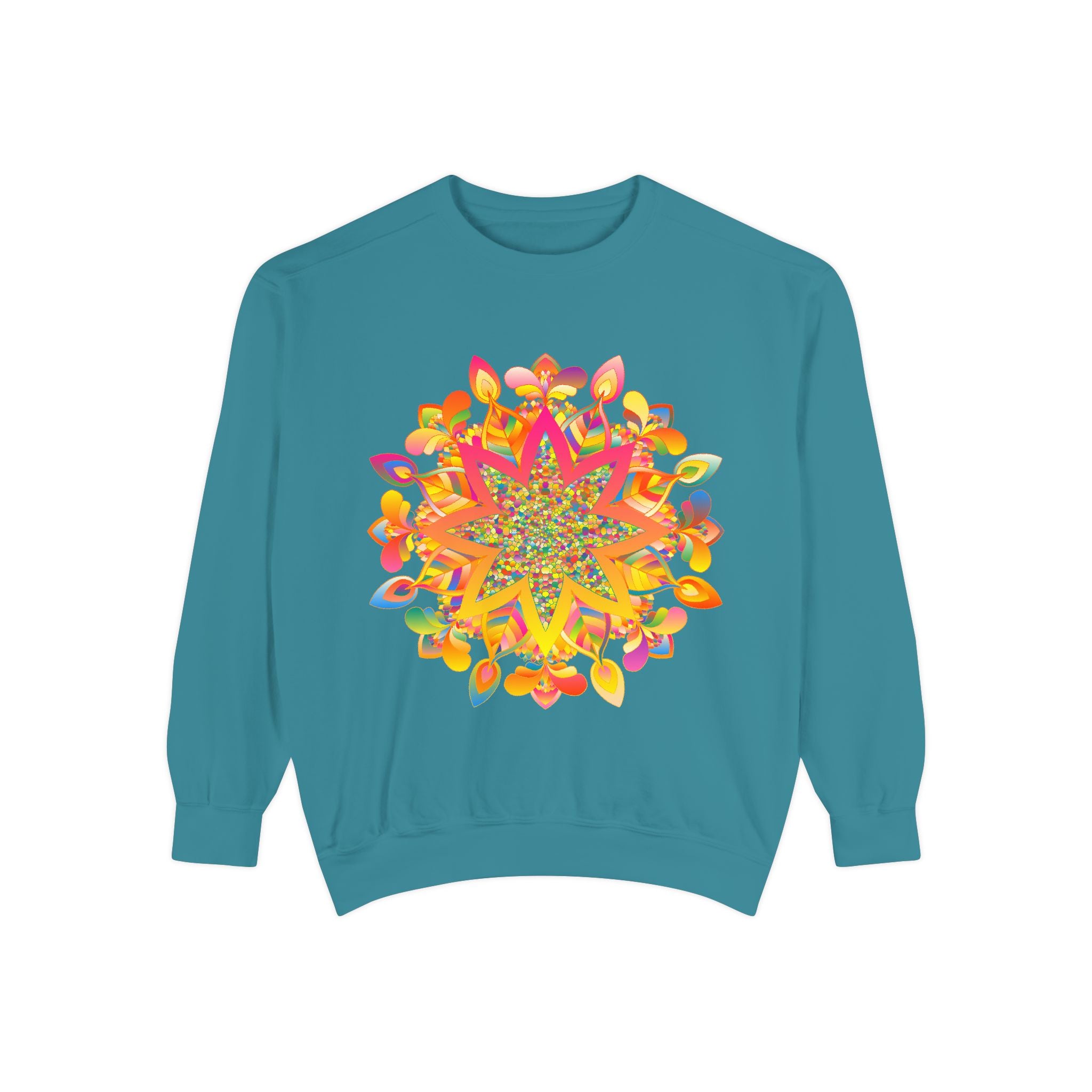 Colorful and intricate mandala design on a cozy sweatshirt for women