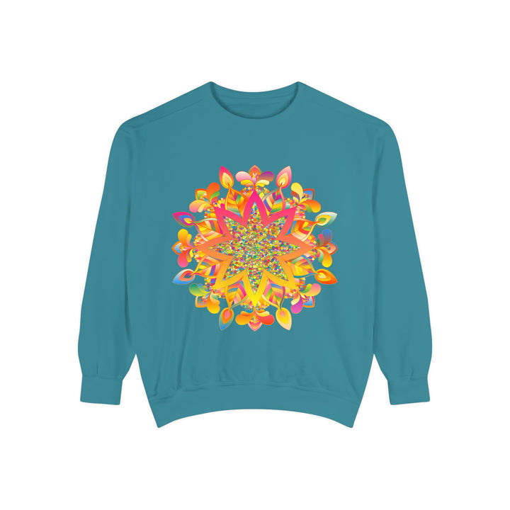 Colorful and intricate mandala design on a cozy sweatshirt for women