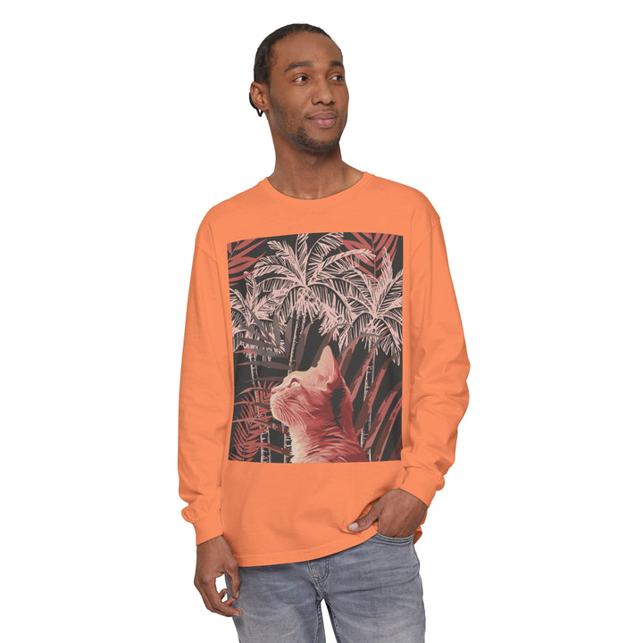 A comfortable unisex t-shirt featuring a cute ginger cat and palm design