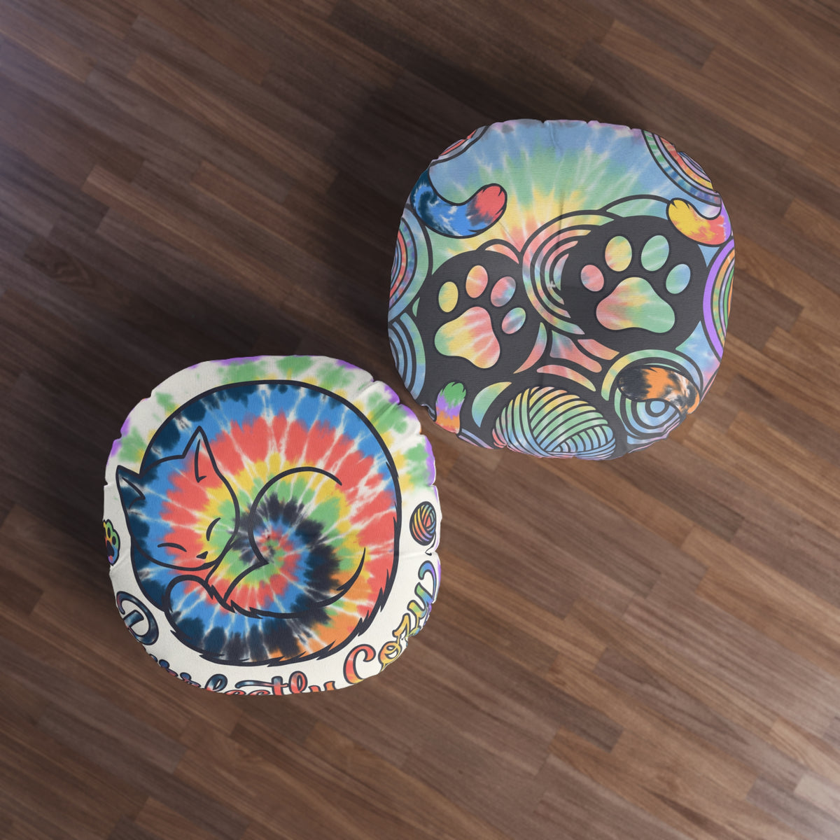 Purrfectly Cozy Cat Floor Pillow — Tie-Dye Round Cushion
