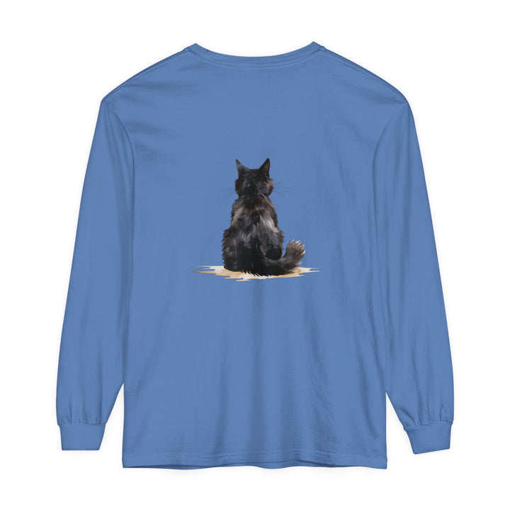 Black Cat Watercolor Unisex Long Sleeve T-Shirt - Comfortable and stylish apparel featuring a watercolor depiction of a black cat on a long sleeve shirt