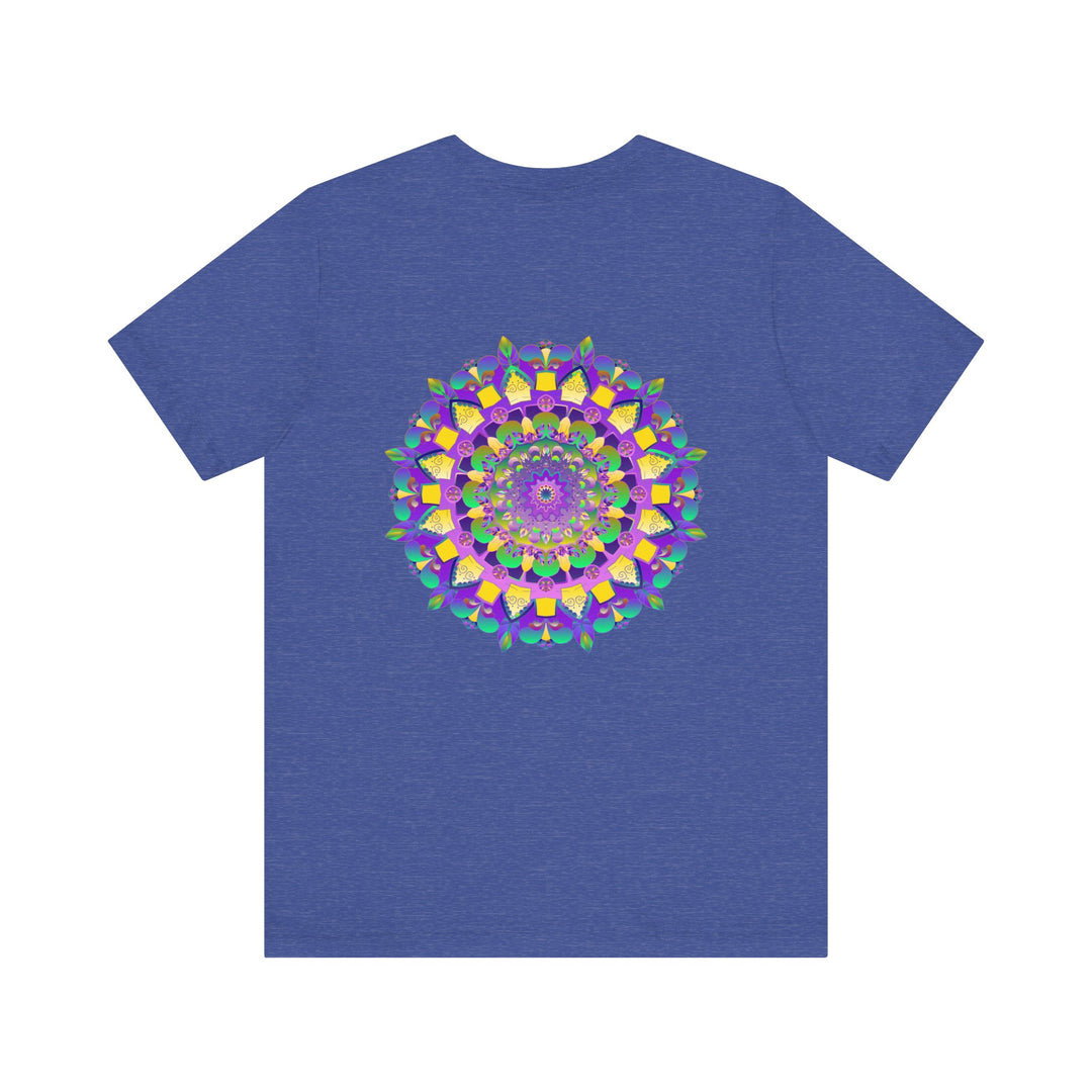 A close-up image of a vibrant mandala tee with intricate patterns, representing spiritual peace and harmony through colorful design and sacred symbolism