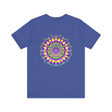 A close-up image of a vibrant mandala tee with intricate patterns, representing spiritual peace and harmony through colorful design and sacred symbolism