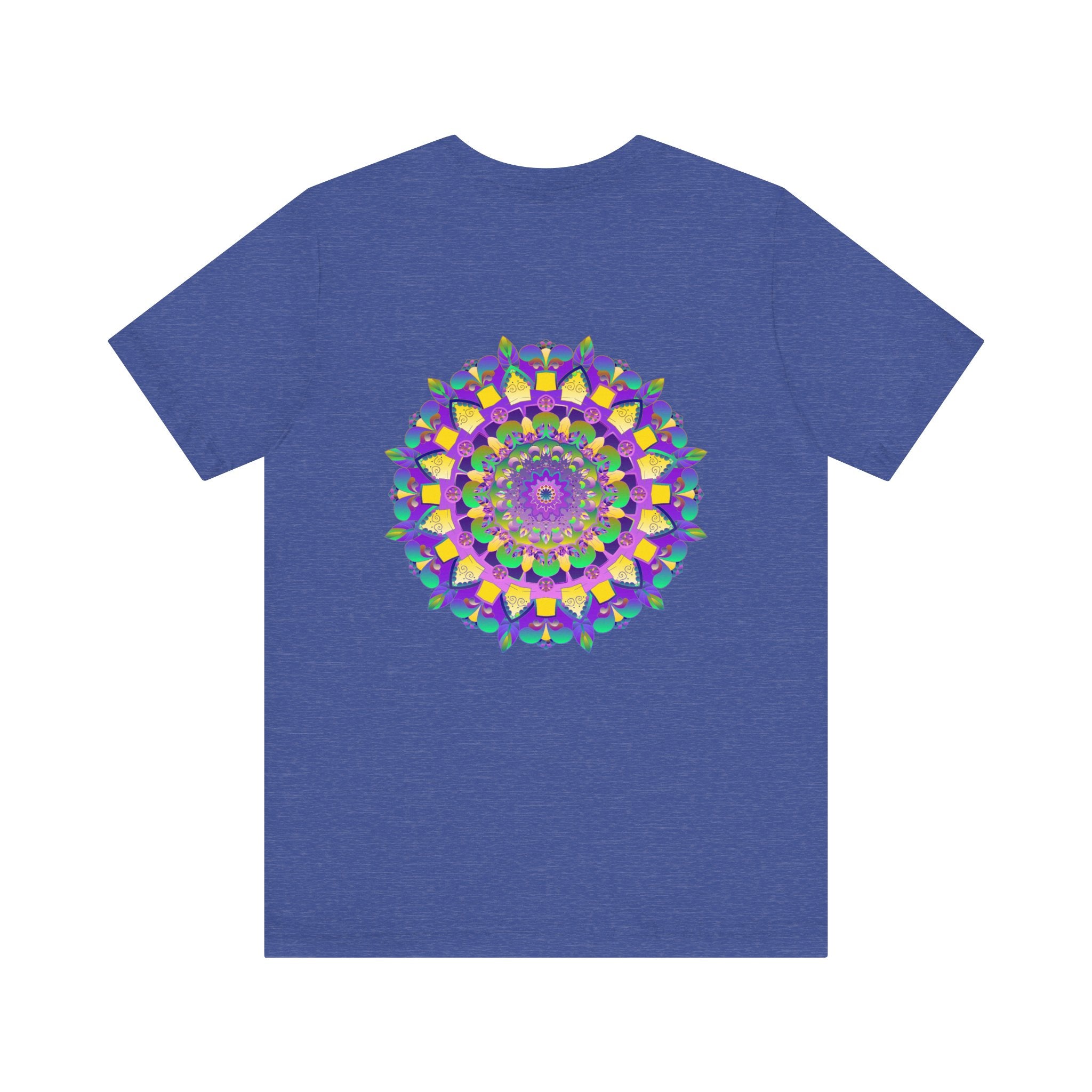 A close-up image of a vibrant mandala tee with intricate patterns, representing spiritual peace and harmony through colorful design and sacred symbolism