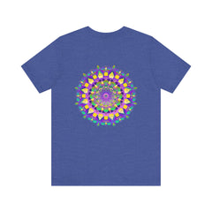 A close-up image of a vibrant mandala tee with intricate patterns, representing spiritual peace and harmony through colorful design and sacred symbolism
