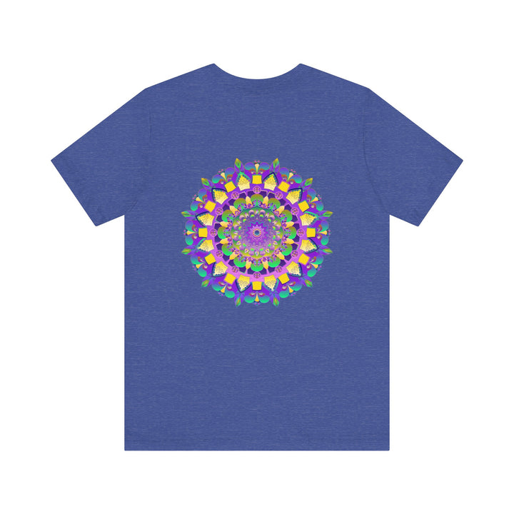 A close-up image of a vibrant mandala tee with intricate patterns, representing spiritual peace and harmony through colorful design and sacred symbolism