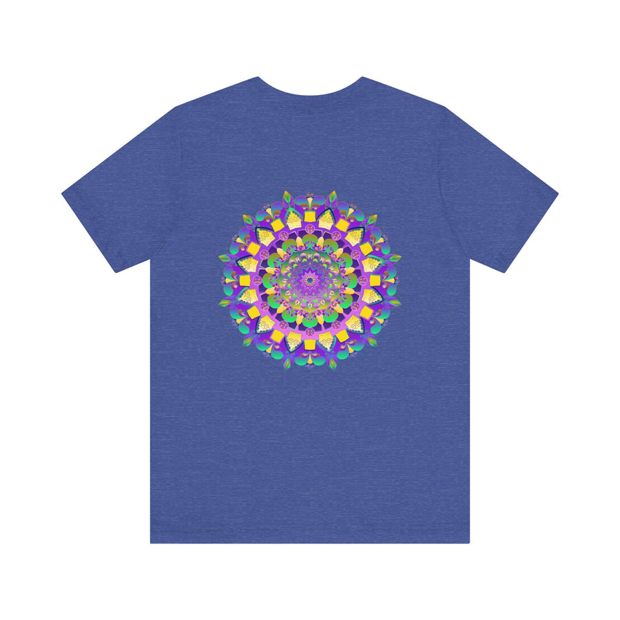 A close-up image of a vibrant mandala tee with intricate patterns, representing spiritual peace and harmony through colorful design and sacred symbolism
