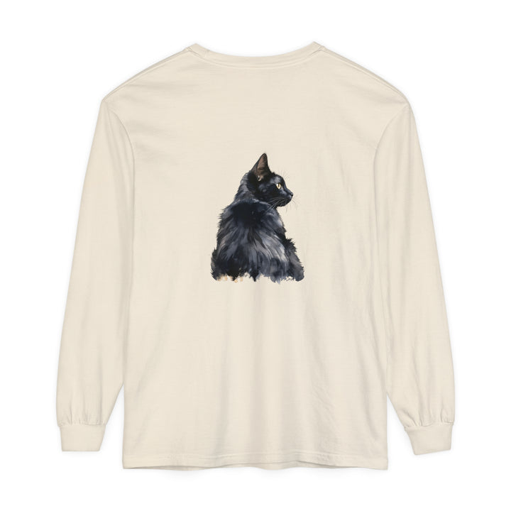 Black Cat Watercolor Long Sleeve T-Shirt featuring a beautiful watercolor design of a black cat on a comfortable, long-sleeve shirt