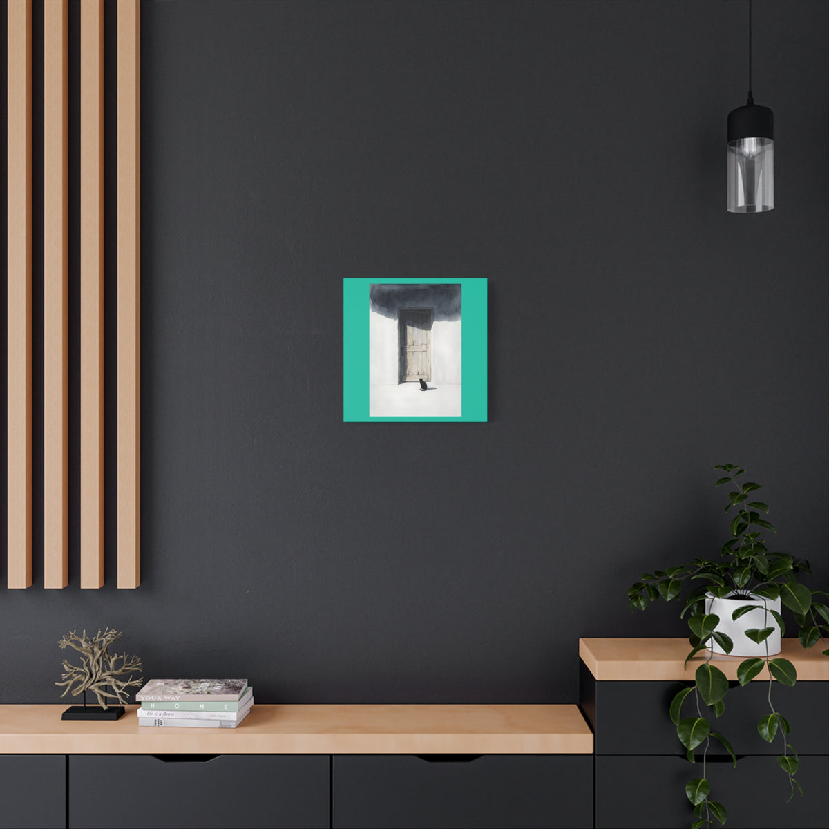 Cat at the Door Matte Canvas Wall Art — Moody Minimalist Cat Illustration