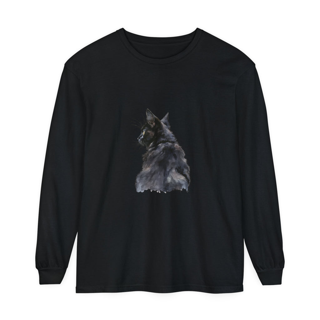 Vibrant and detailed black cat watercolor design on long sleeve t-shirt