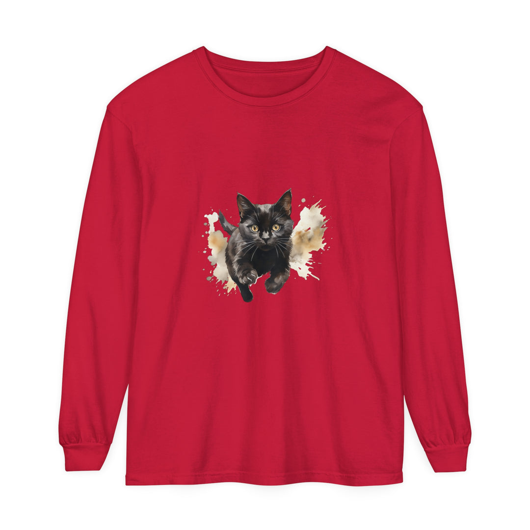 Black Cat Watercolor Sprint Unisex T-Shirt, a stylish and comfortable shirt featuring a vibrant watercolor design of a black cat sprinting, perfect for cat lovers and fashion enthusiasts alike