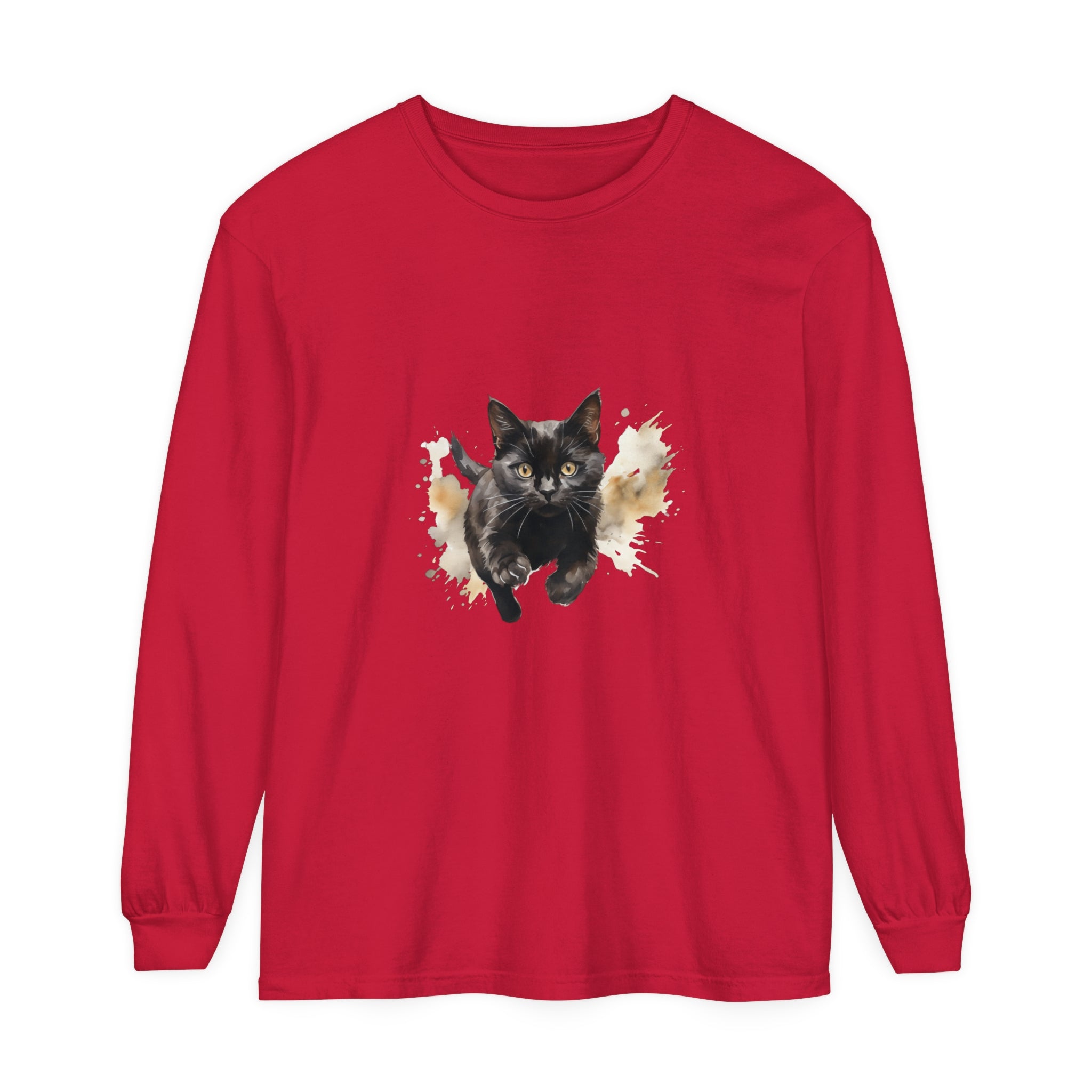 Black Cat Watercolor Sprint Unisex T-Shirt, a stylish and comfortable shirt featuring a vibrant watercolor design of a black cat sprinting, perfect for cat lovers and fashion enthusiasts alike