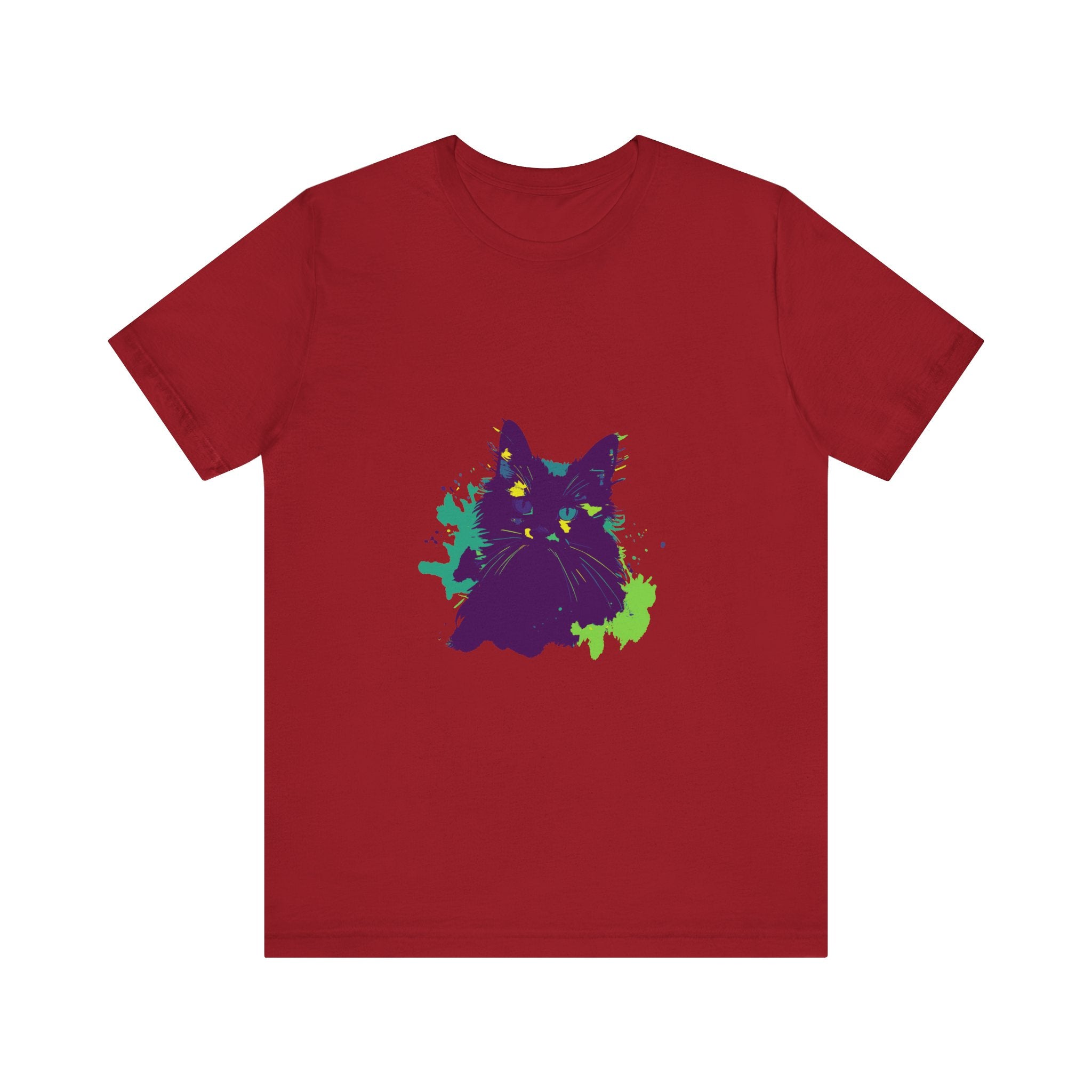 Vibrant purple t-shirt with abstract design featuring mysterious cat silhouette