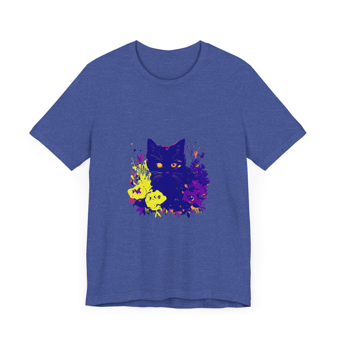 Black Cat Mystery Neon Flower T-Shirt: a black t-shirt featuring a mysterious black cat surrounded by vibrant neon flowers