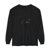A cozy black long sleeve t-shirt featuring a sleeping cat design