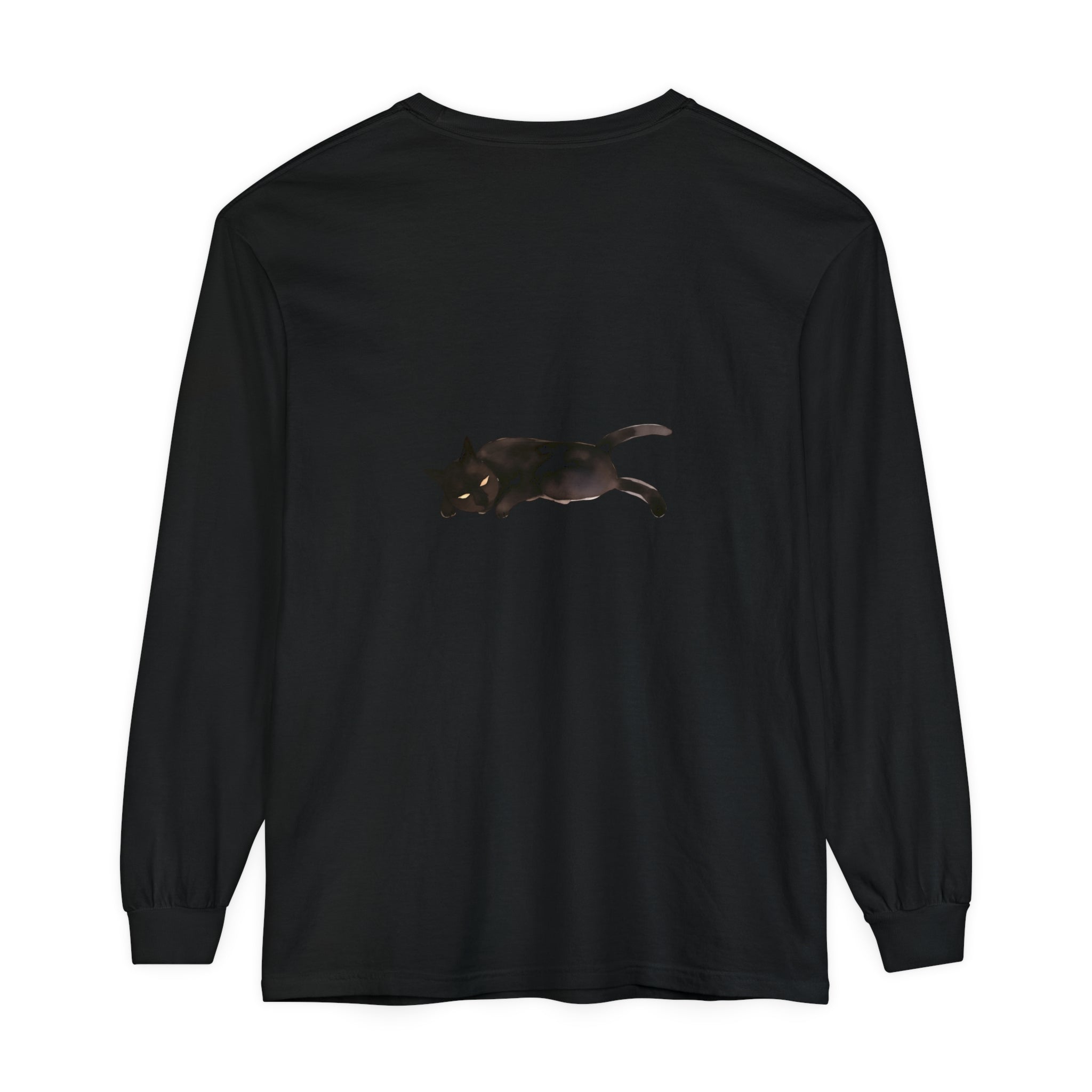 A cozy black long sleeve t-shirt featuring a sleeping cat design