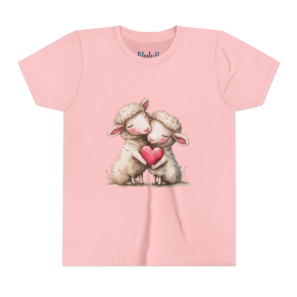 Jugend-T-Shirt – Cartoon-Schafe, die ein Herz umarmen, süßes und schönes Design 