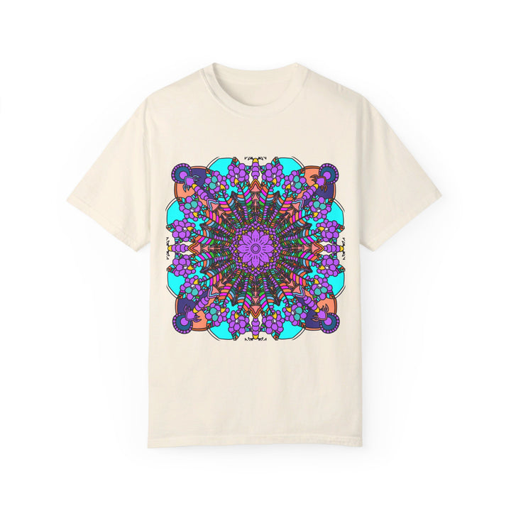 Unisex Mandala T-Shirt showcasing intricate hand-drawn mandala art, made from 100% ring-spun cotton and garment-dyed for superior comfort