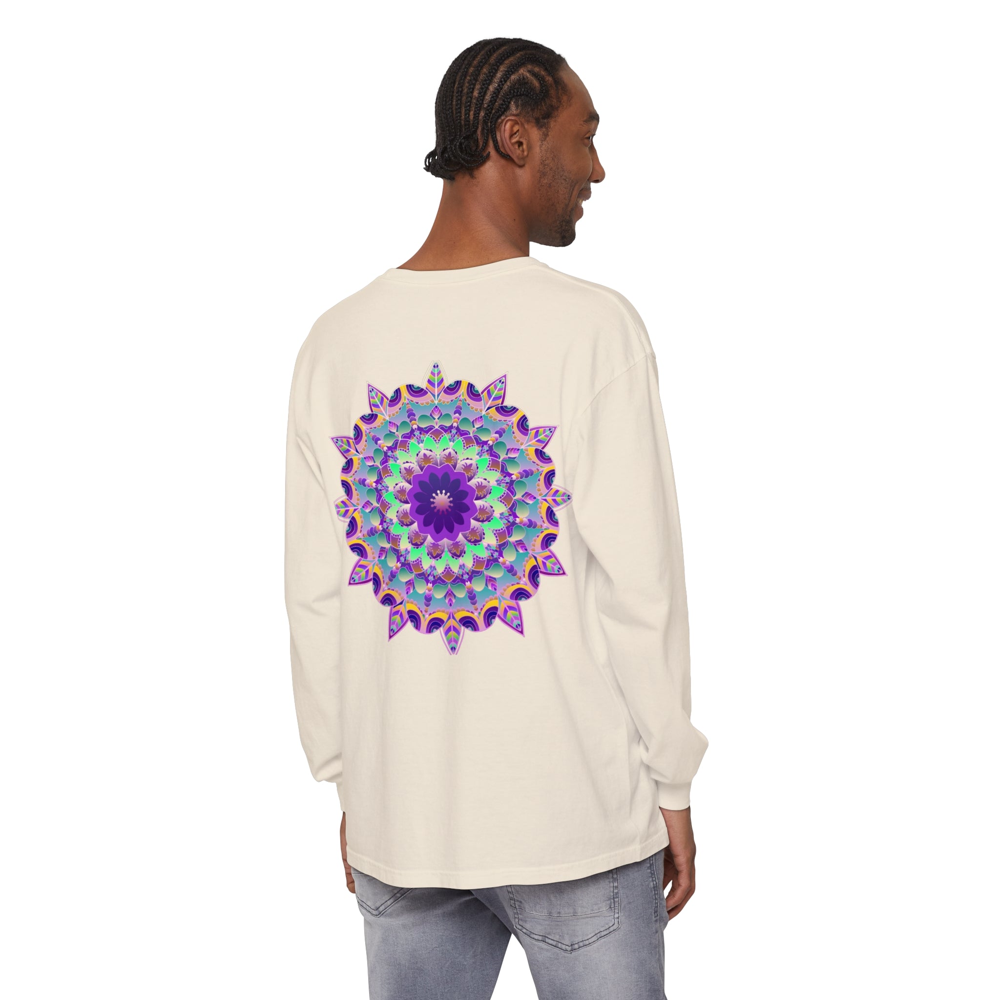 Colorful long sleeve t-shirt with a mesmerizing psychedelic mandala design
