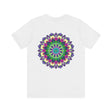 A close-up image of a Mandala Tee, featuring intricate geometric designs symbolizing spiritual peace and harmony, perfect for meditation and yoga practice