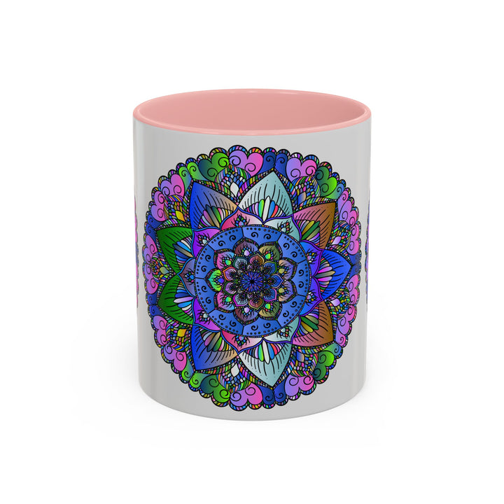 A close-up image of a vibrant mandala mug, featuring intricate and colorful artwork, evoking a sense of peace and tranquility