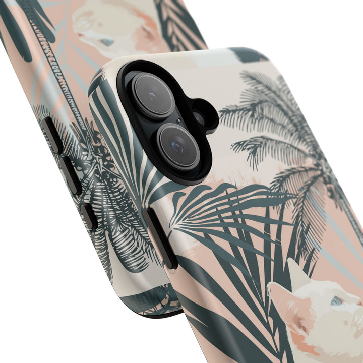Tropische Katzen-Telefonhülle mit üppigen Palmenmotiven und sanften Pastelltönen