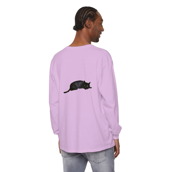 A cozy unisex long sleeve t-shirt featuring an adorable black cat sleeping peacefully