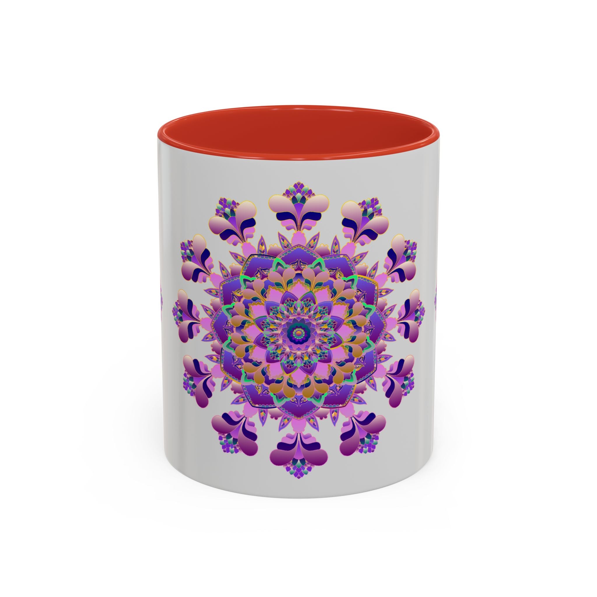 A beautifully designed mandala mug in shades of purple and pink with intricate floral patterns