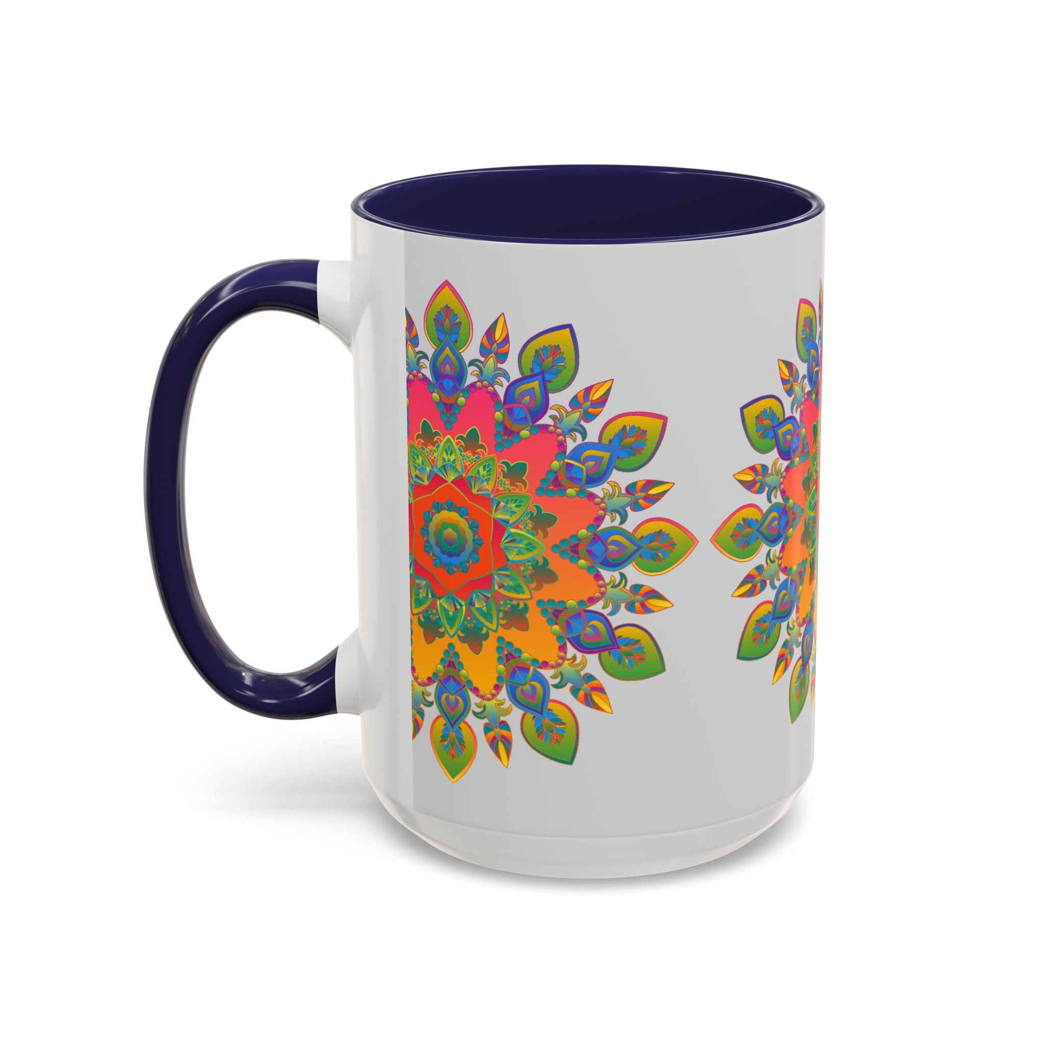 A beautiful, colorful mandala mug featuring intricate art on a grey background