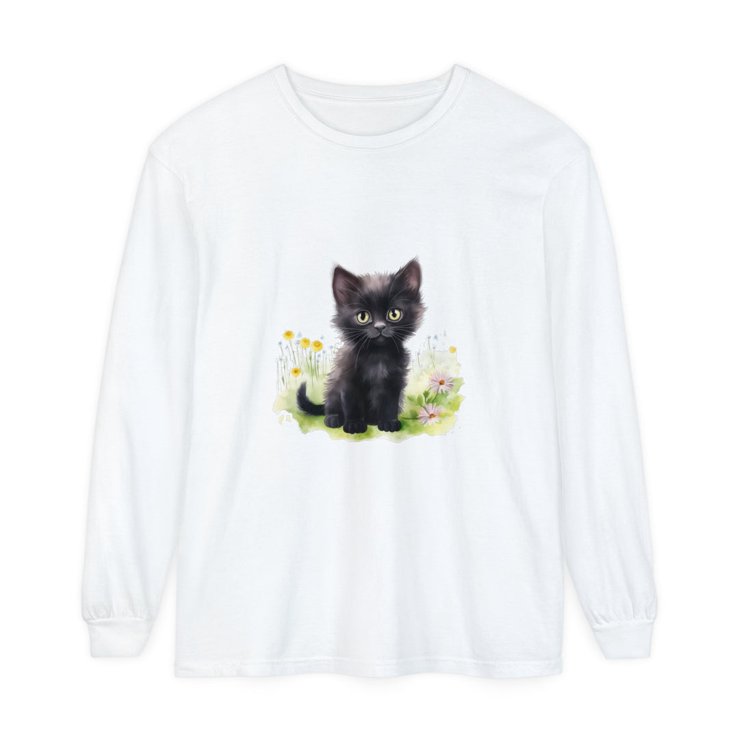 A cute black kitten sitting in a colorful flower garden, printed on a long sleeve t-shirt