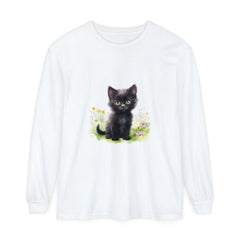 A cute black kitten sitting in a colorful flower garden, printed on a long sleeve t-shirt