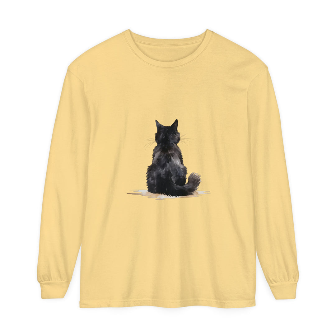 Black Cat Watercolor Unisex Long Sleeve T-Shirt with vibrant watercolor cat design