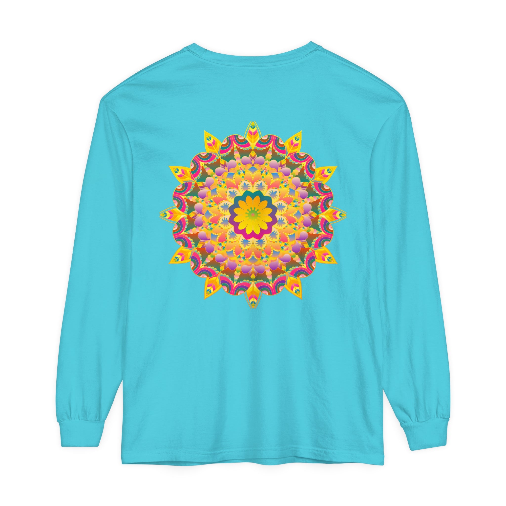 Vibrant and intricate psychedelic mandala design on a long sleeve t-shirt