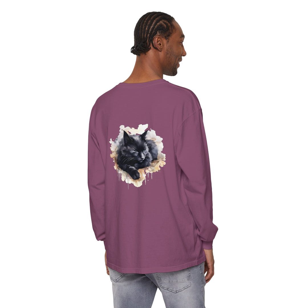 A beautiful watercolor illustration of a sleeping black cat on a t-shirt