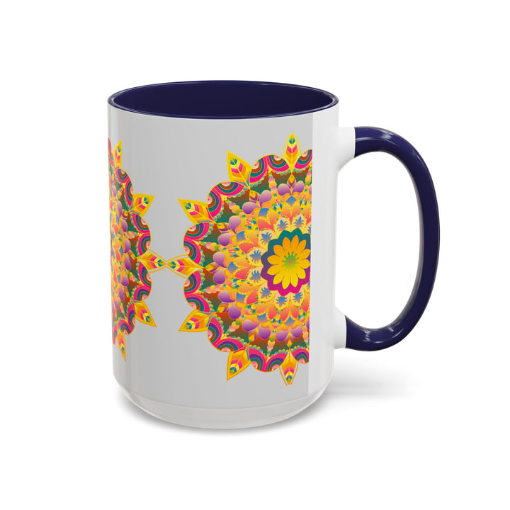 A close-up image of a vibrant floral mandala art mug, showcasing intricate hand-painted details and colorful patterns