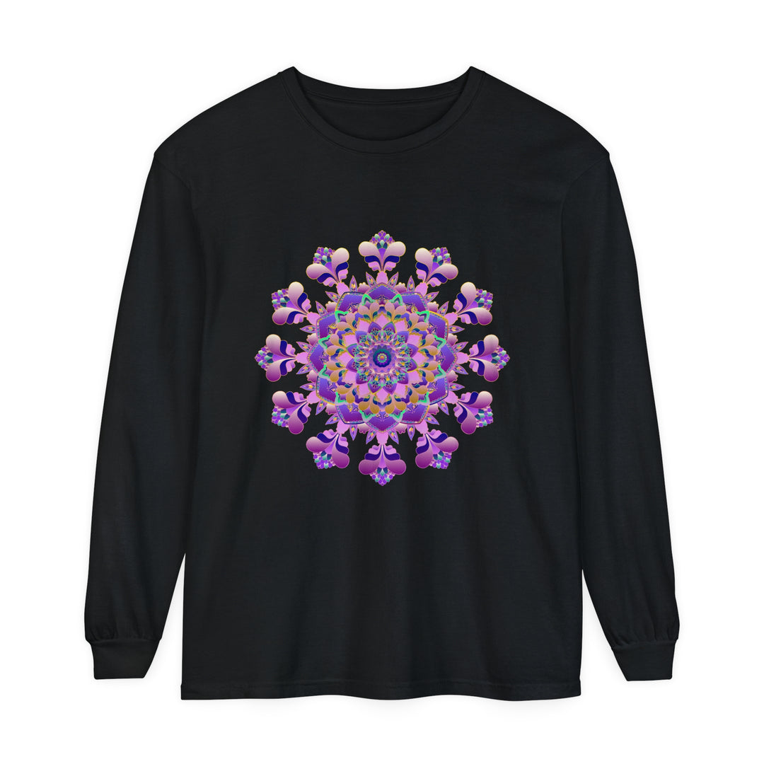 Colorful and detailed mandala design on a unisex long sleeve t-shirt