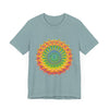 A close-up of a vibrant mandala tee featuring intricate and detailed art and design