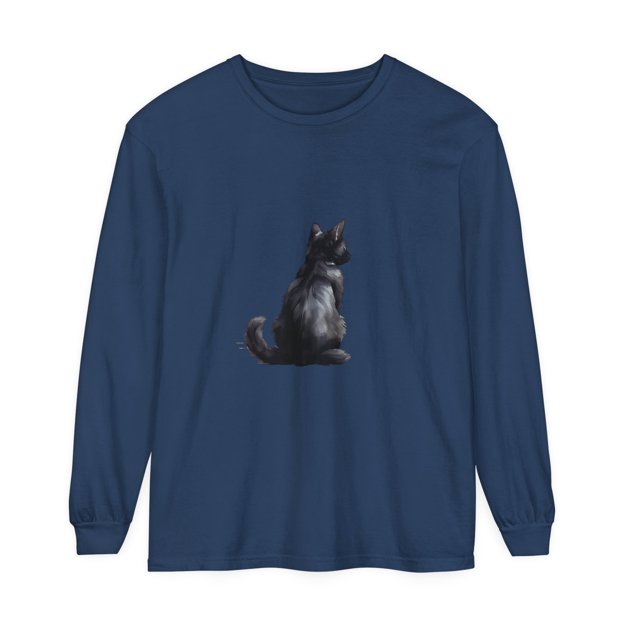 Black Cat Mystery unisex long sleeve tee, black tee with mysterious cat design