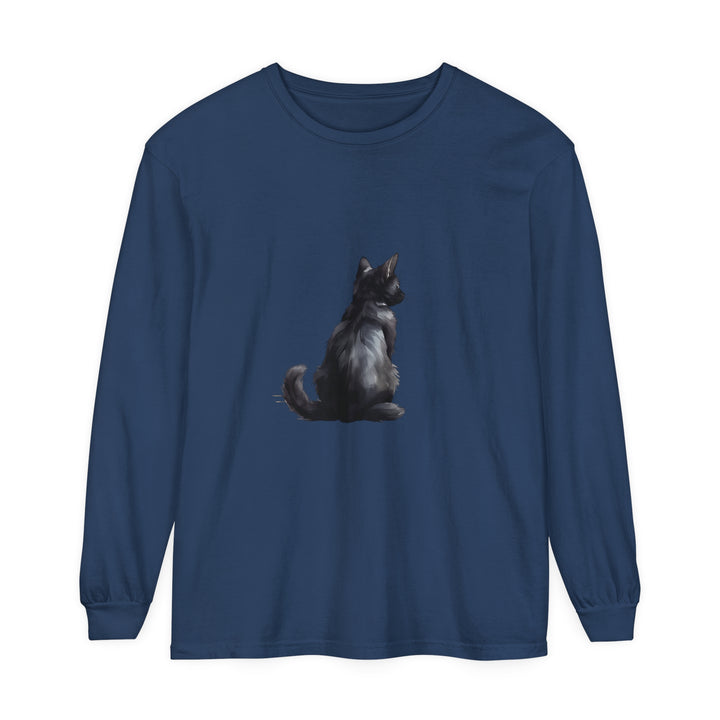 Black Cat Mystery unisex long sleeve tee, black tee with mysterious cat design