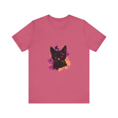 A black cat with piercing purple eyes on a mysterious t-shirt