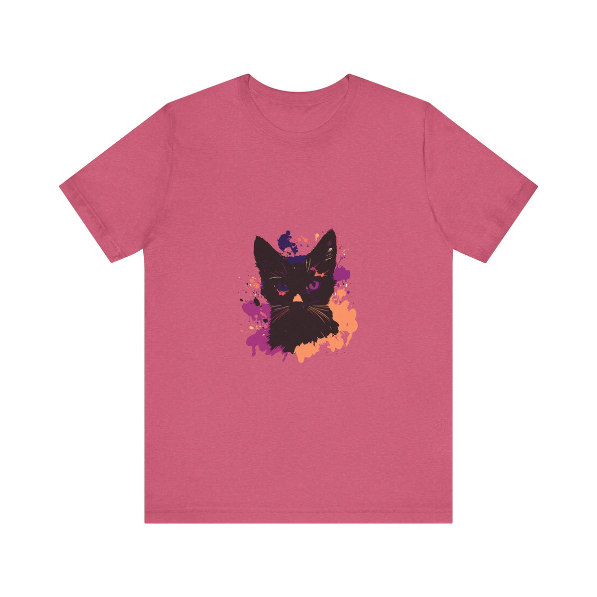 A black cat with piercing purple eyes on a mysterious t-shirt
