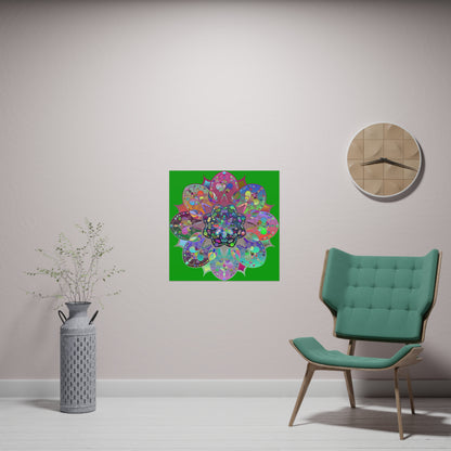 Intricate and colorful hand-drawn mandala poster in dark green