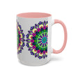 Colorful and spiritual mandala art mug with intricate designs and vibrant colors